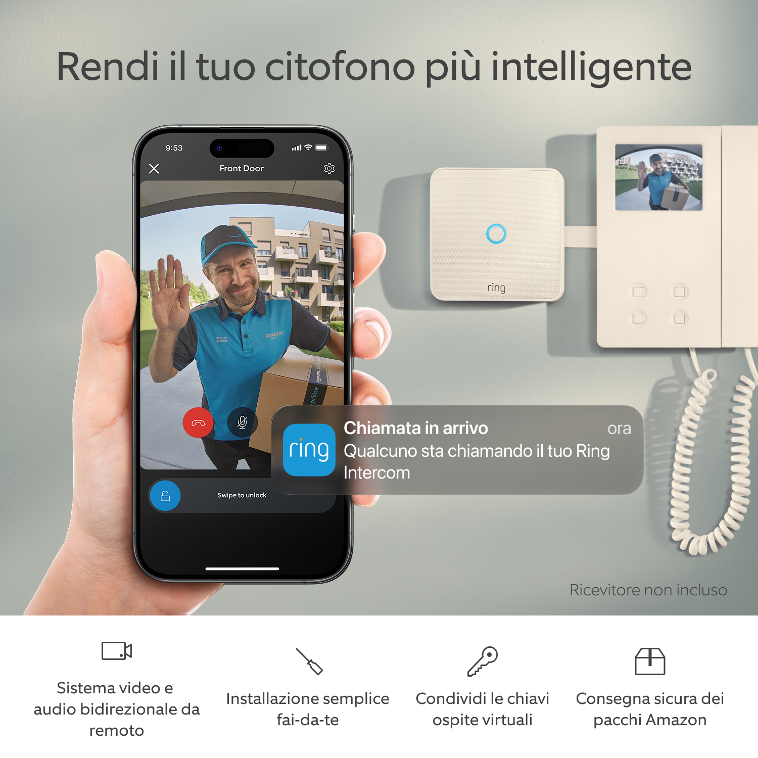Ring Intercom Video + Batteria ricaricabile a sgancio rapido + Stazione di ricarica - Una mano tiene uno smartphone con l'app Ring sul feed video. Sullo sfondo, Ring Intercom Video.