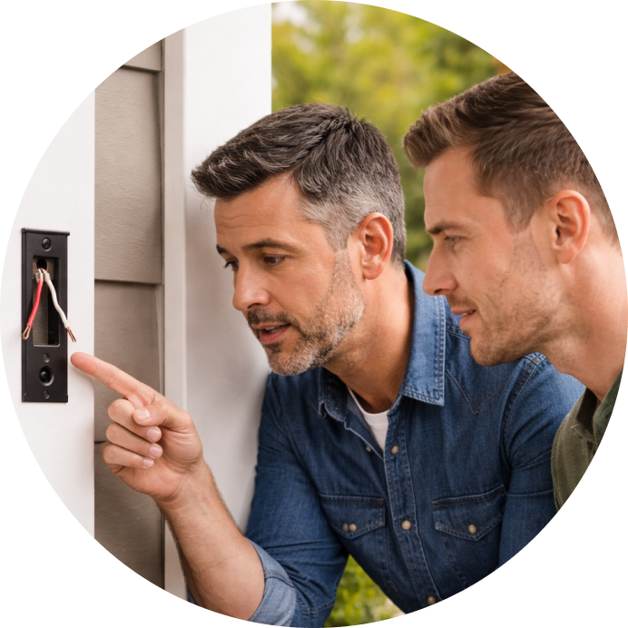 Close-up of two men examining a door post, with one pointing at exposed wires coming from a mounting plate.