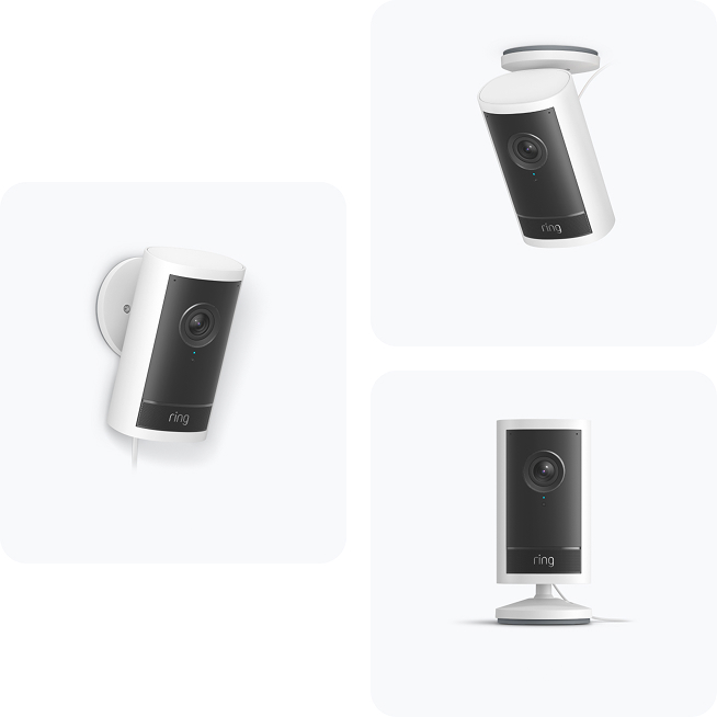 Three images of Outdoor Camera Pro, side by side against a white background. Each image is taken from a different angle.