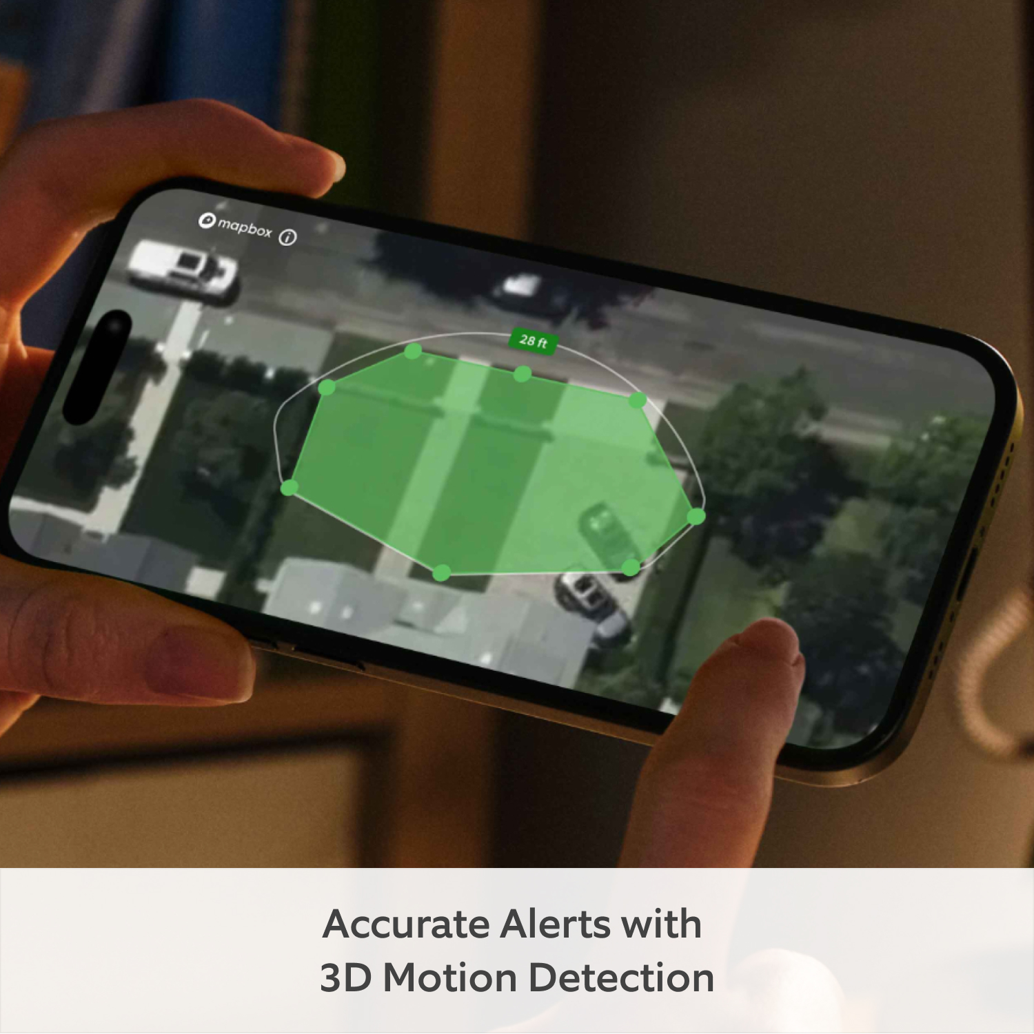 2-Pack Outdoor Camera Pro Plug-in (newest gen) (for Featuring Retinal 4K) - Two hands holding phone showing Ring app's 3D Motion Detection screen while finger draws detection zone