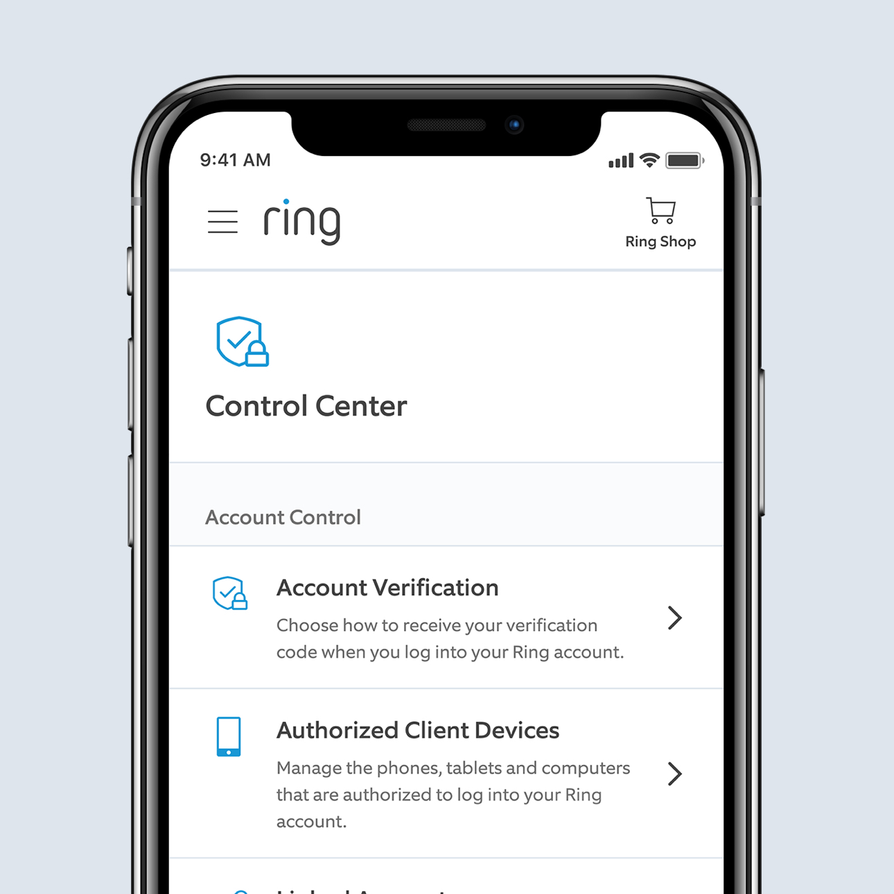 Smartphone displaying Ring app Control Centre with options to manage account verification and authorised devices.