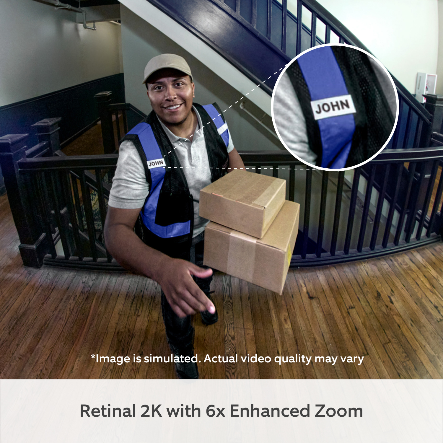 Peephole Camera 2K (60-90 mm) - A POV view of a delivery person holding packages. A zoomed in view of his name tag shows the camera zoon in possibilities.