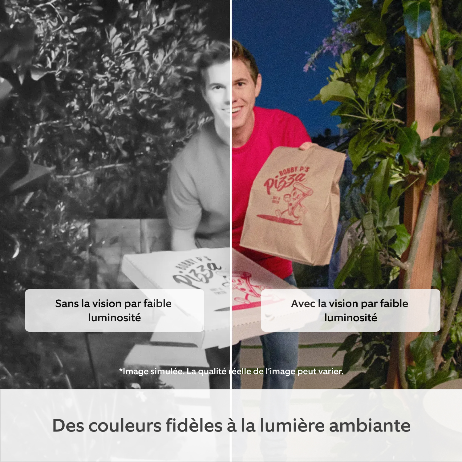 Sonnette vidéo Elite filaire (nouvelle génération) (for Wired Video Doorbell Elite (2e gén.)) - Écran partagé montrant un livreur de pizza. À gauche, image en noir et blanc avec le texte « Sans vision par faible luminosité ». À droite, image en couleurs avec le texte « Avec vision par faible luminosité ».