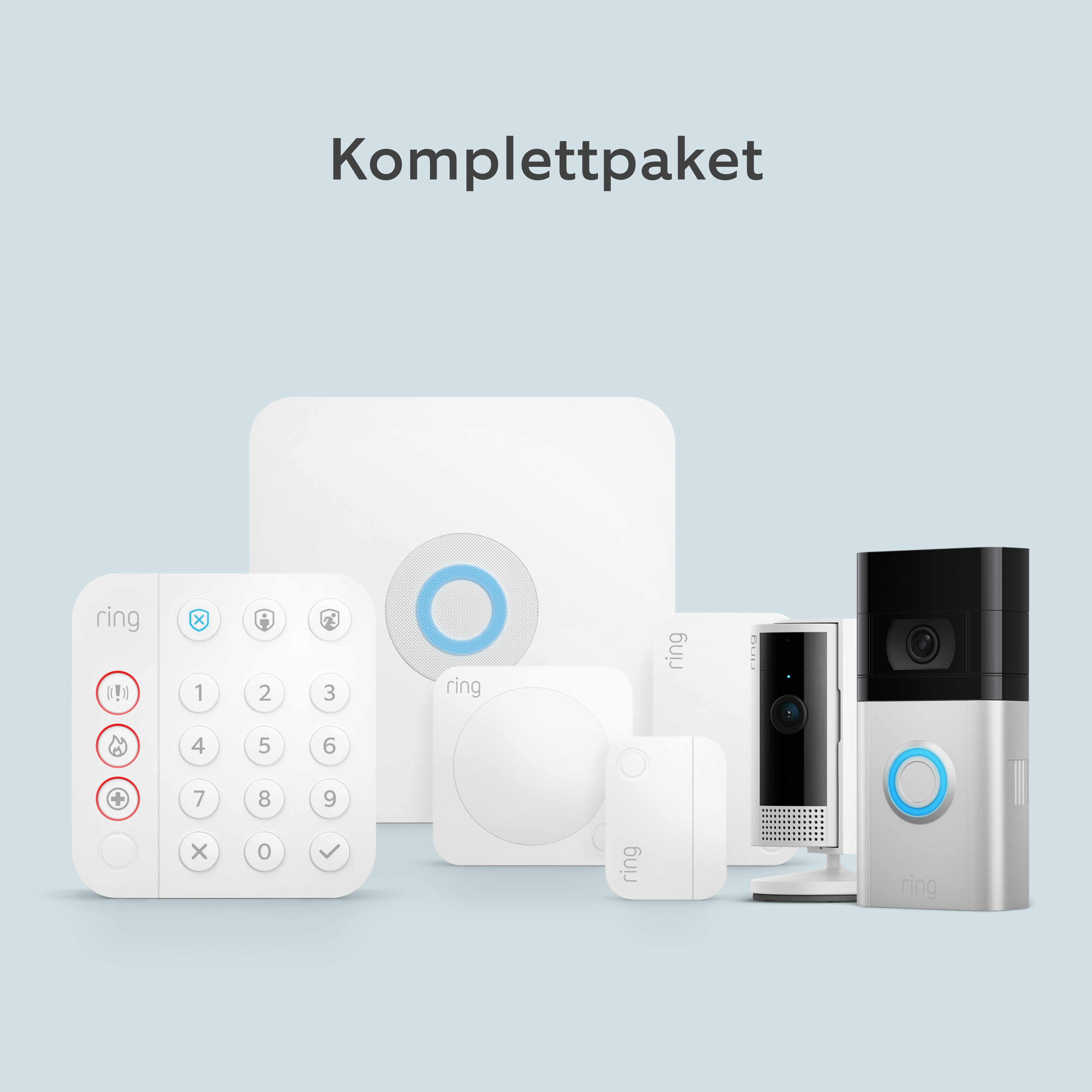 Ring Alarm, Video Doorbell Set mit Tastatur, Basisstation, Sensoren, Reichweitenverstärker und Innen-Sicherheitskamera.