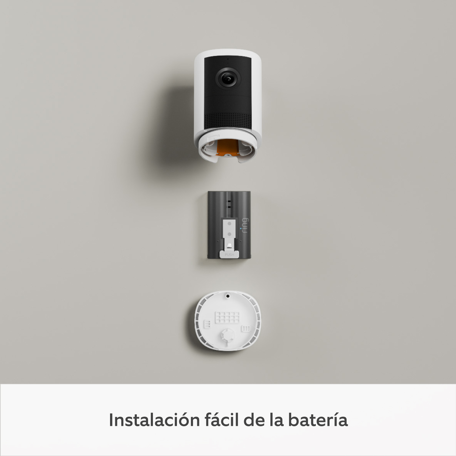 Cámara exterior con batería (última generación) (for Outdoor Camera Battery) - Vista despiece de Ring Outdoor Camera (2nd Gen): unidad de cámara, batería y base. Instalación sencilla.