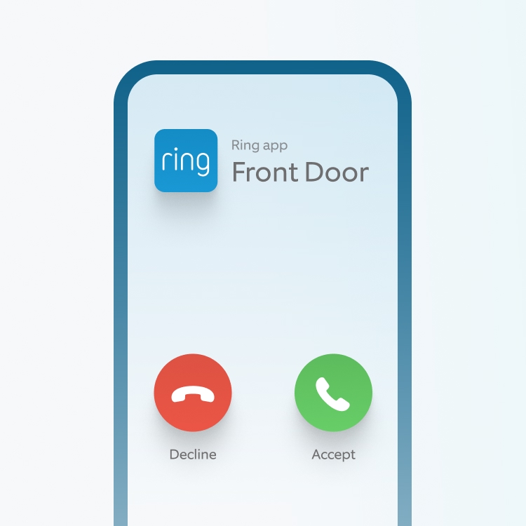 Incoming Ring Doorbell Call screen with options to decline or accept, simulating a phone call for front door alerts.