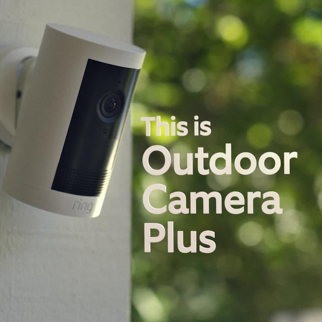Ring Outdoor Camera Plus capturing clear, wide vision 2K footage of patio and garden areas day or night, indoors or out.
