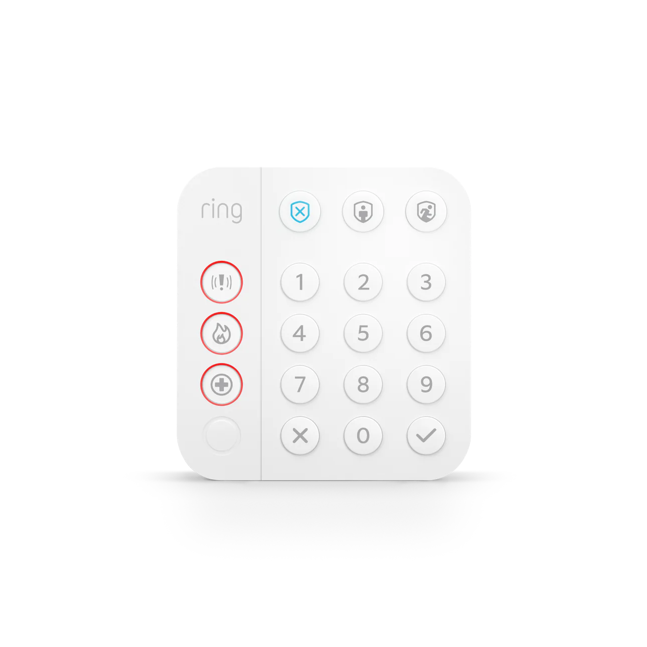 White Ring Alarm Keypad (2nd Gen) with number pad and emergency buttons for police, fire and medical assistance.