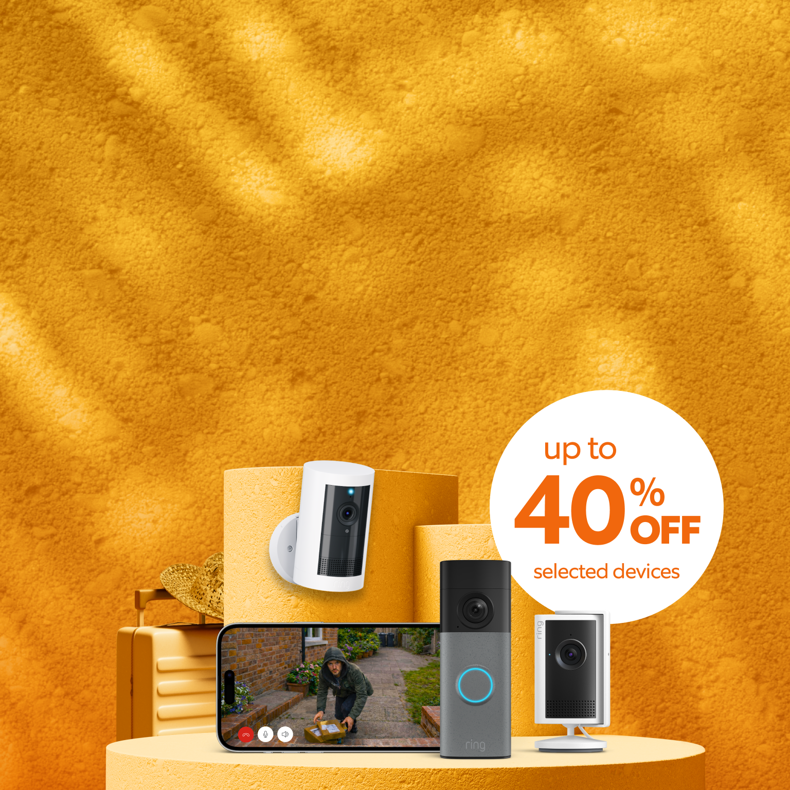 Image with orange background with the three Ring devices. 