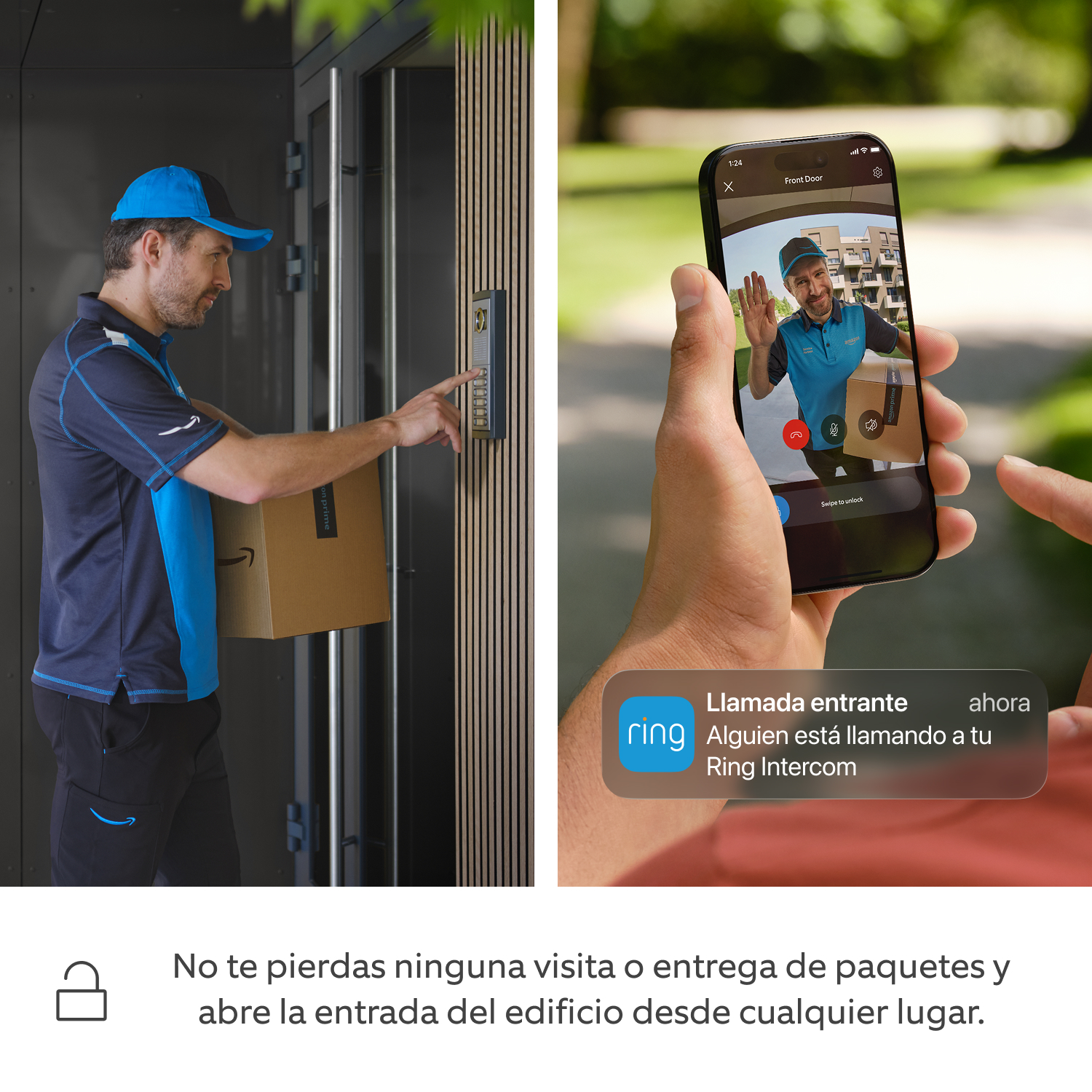 Ring Intercom Video + Cámara interior 2.ª gen. - Una pantalla dividida entre un repartidor que llama al interfono de un edificio y un runner que ha recibido una notificación push y está consultando la transmisión de audio en la app de Ring.