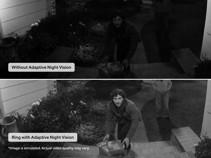 Split screen showing package theft attempt. Top image without Adaptive Night Vision is dark, bottom image with Adaptive Night Vision is clear and bright