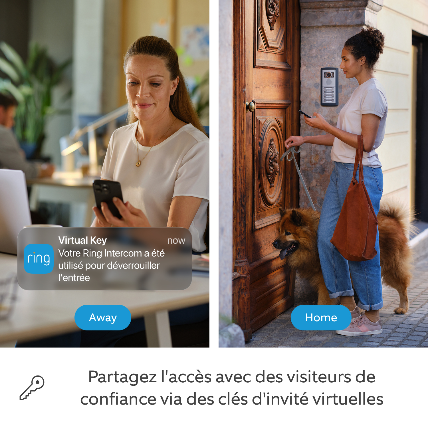 Judas vidéo sans fil 54-75mm avec Ring Intercom Audio (Door View Cam + Ring Intercom Audio) - Un écran partagé entre une femme vérifiant une notification audio sur l'app Ring et une femme avec un chien devant une porte.