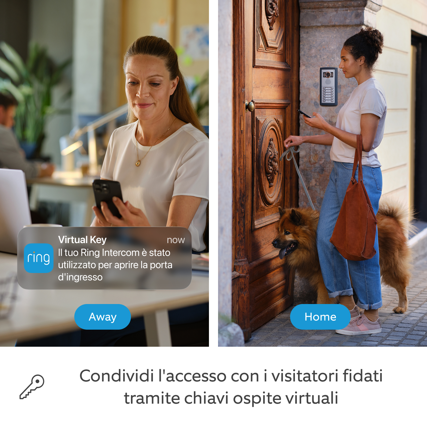 Ring Intercom Audio + Indoor Camera 2ª gen.  - Schermo diviso tra una donna che controlla una notifica audio sull'app Ring e una donna con un cane in attesa davanti a una porta.