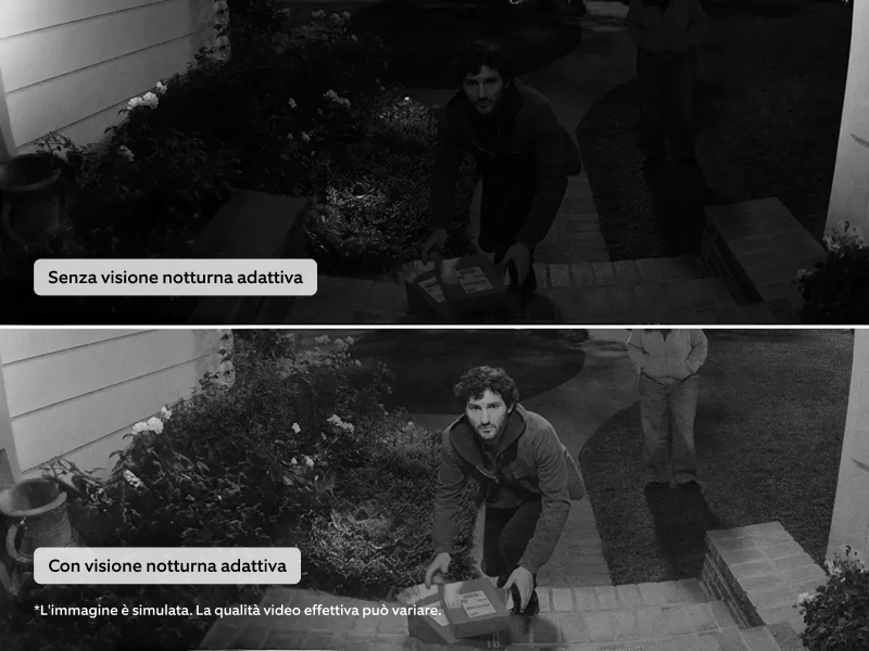 Schermo diviso che mostra tentativo di furto. Immagine superiore scura senza Adaptive Night Vision, inferiore chiara e luminosa con Adaptive Night Vision