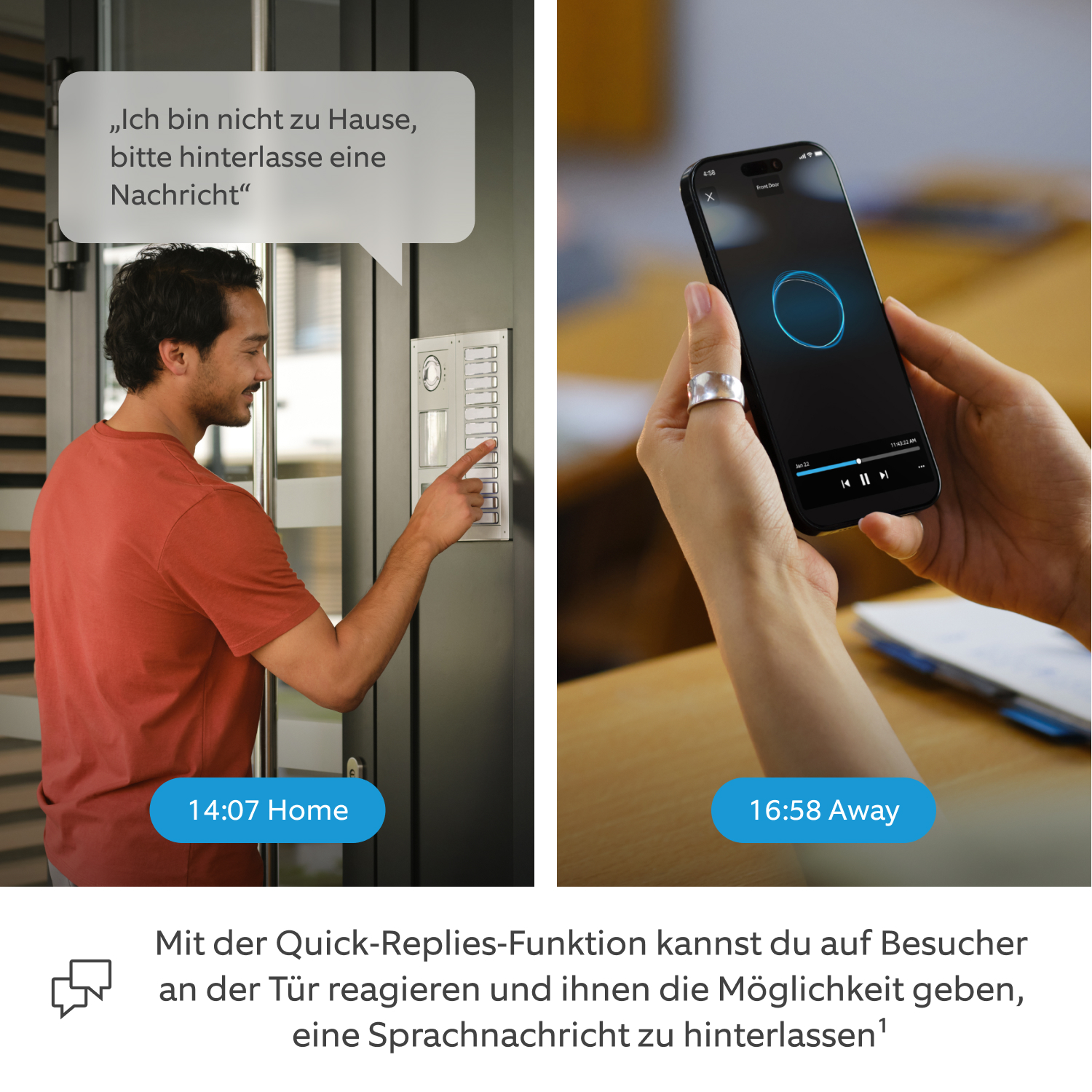 Ring Intercom Audio + Schnellwechsel-Akkupack + Ladestation - Ein geteilter Bildschirm, auf dem zum einen ein Jogger zu sehen ist, der die Hauptgegensprechanlage betätigt und zum anderen eine Studentin, die sich später im Tagesverlauf noch einmal die vom Jogger hinterlassene Audio-Sprachnachricht anhört.