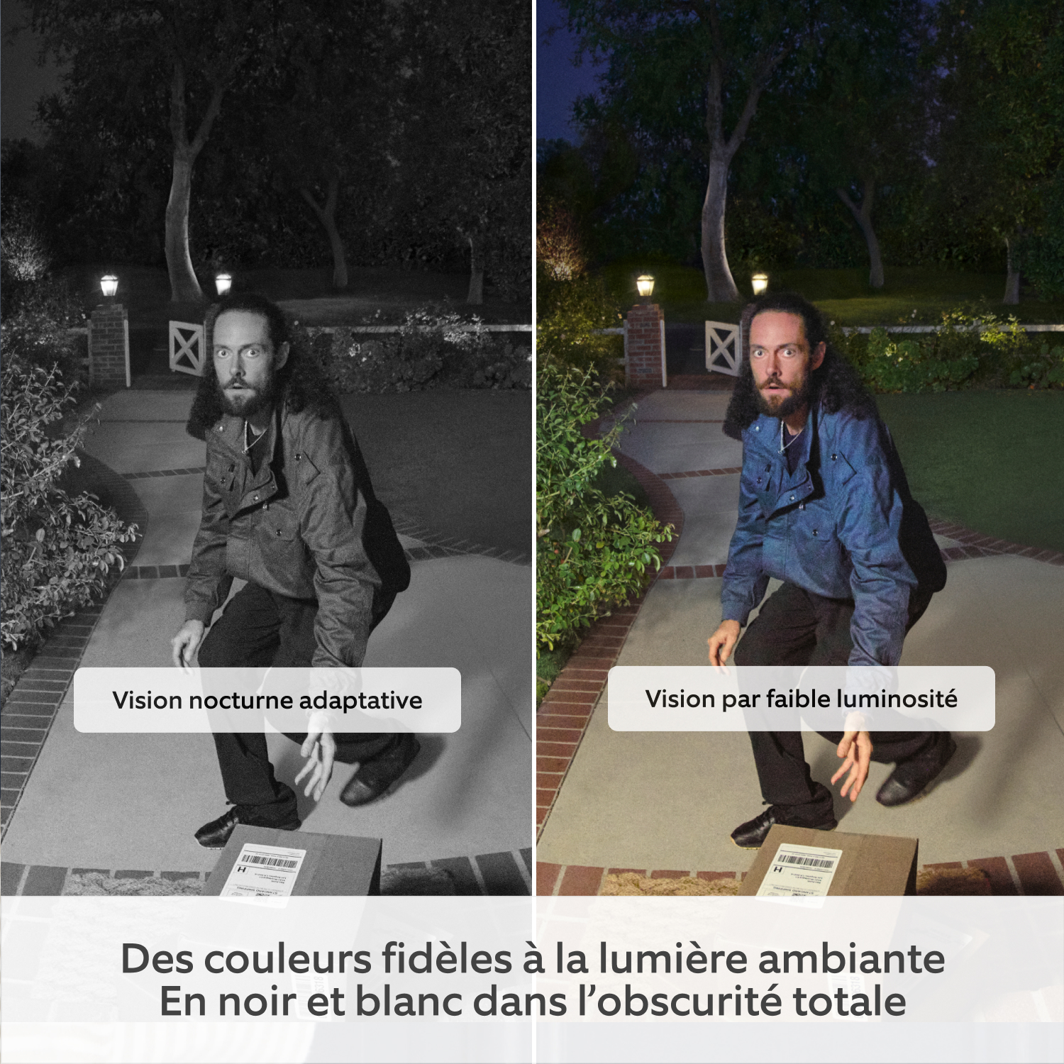 Sonnette vidéo Plus sans fil (nouvelle génération) (for Battery Video Doorbell Plus) - Image en écran partagé affichant la différence de qualité d’image avec et sans la vision par faible luminosité et la vision nocturne adaptative