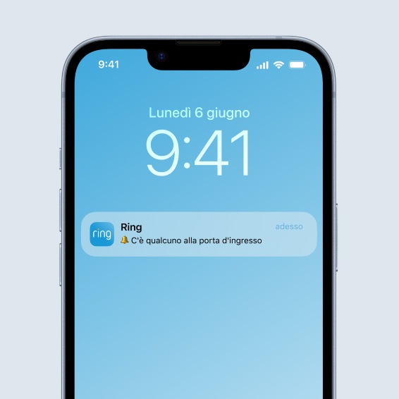 Schermo dello smartphone che mostra una notifica dell'app Ring per una persona rilevata alla porta d'ingresso.