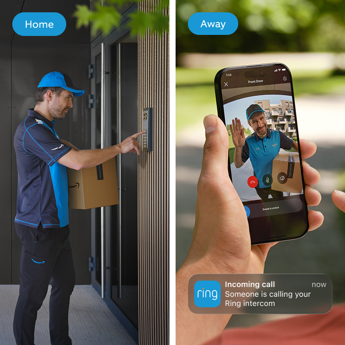 A split screen between a delivery guy buzzing a building intercom and a jogger that received a push notification and is checking the audio feed on the Ring app.