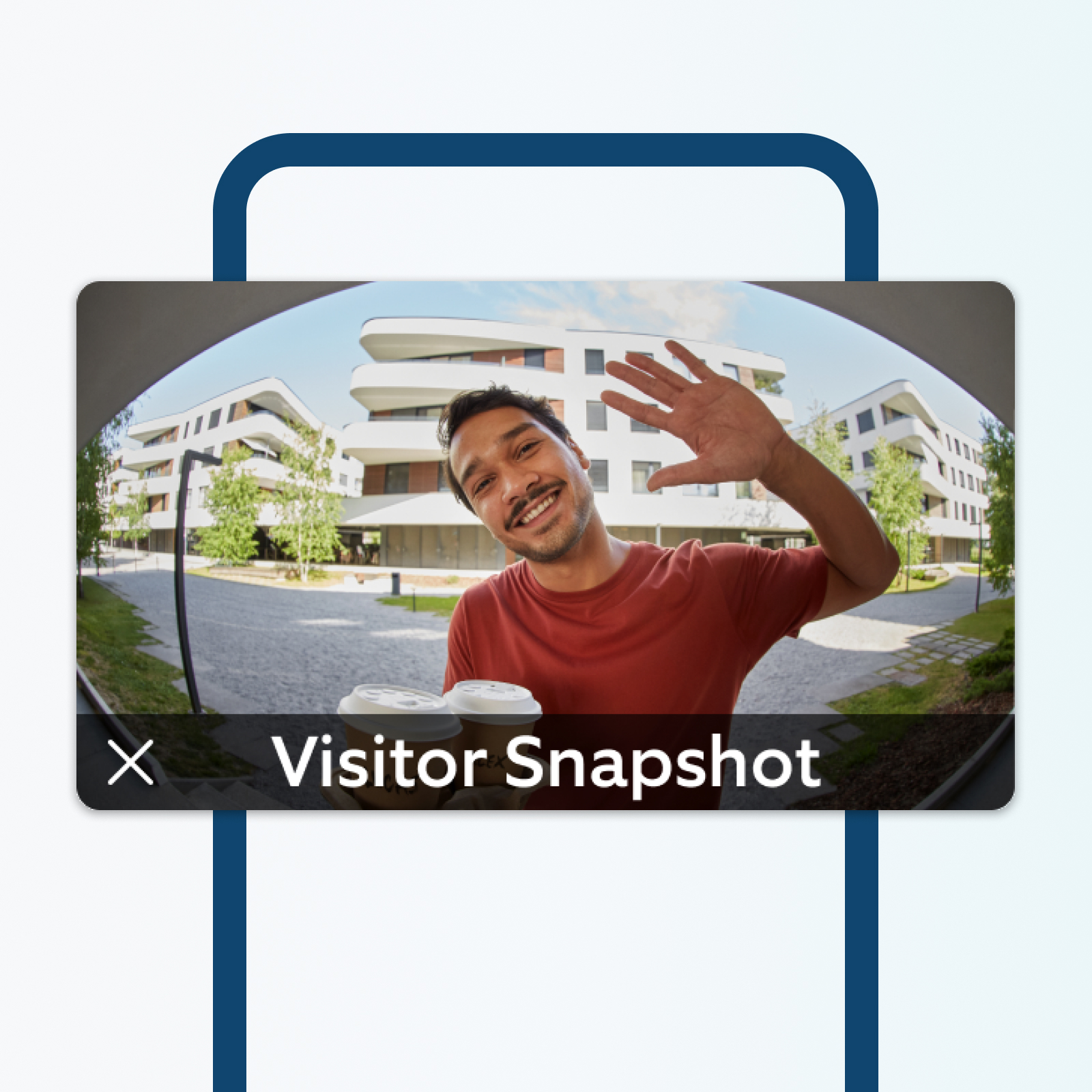 Snapshot of a person holding coffe cups and waving at the video camera. 