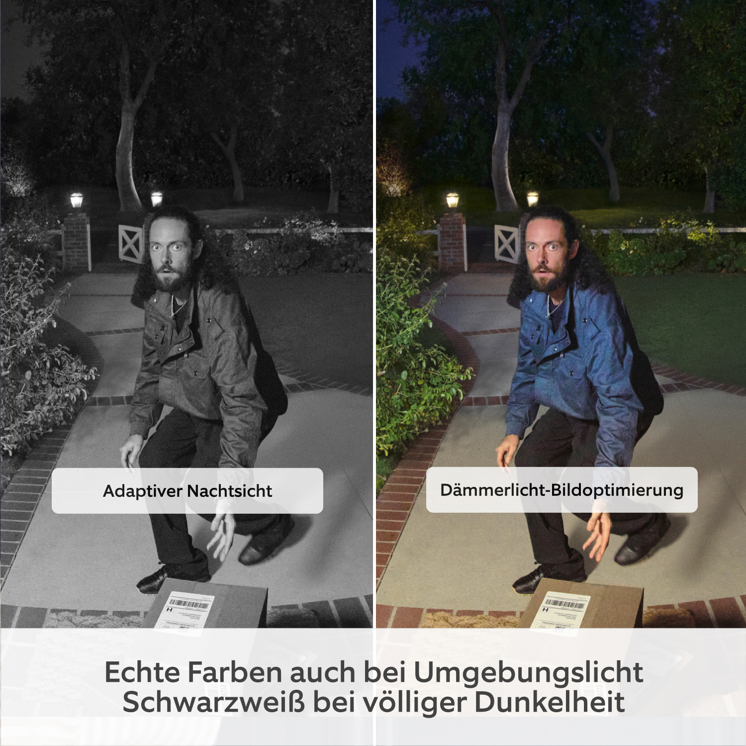 Akku-Videotürklingel Plus (neueste Generation) (for Battery Video Doorbell Plus) - Geteiltes Bild, das den Unterschied in der Bildqualität mit und ohne Dämmerlicht-Bildoptimierung und adaptiver Nachtsicht zeigt