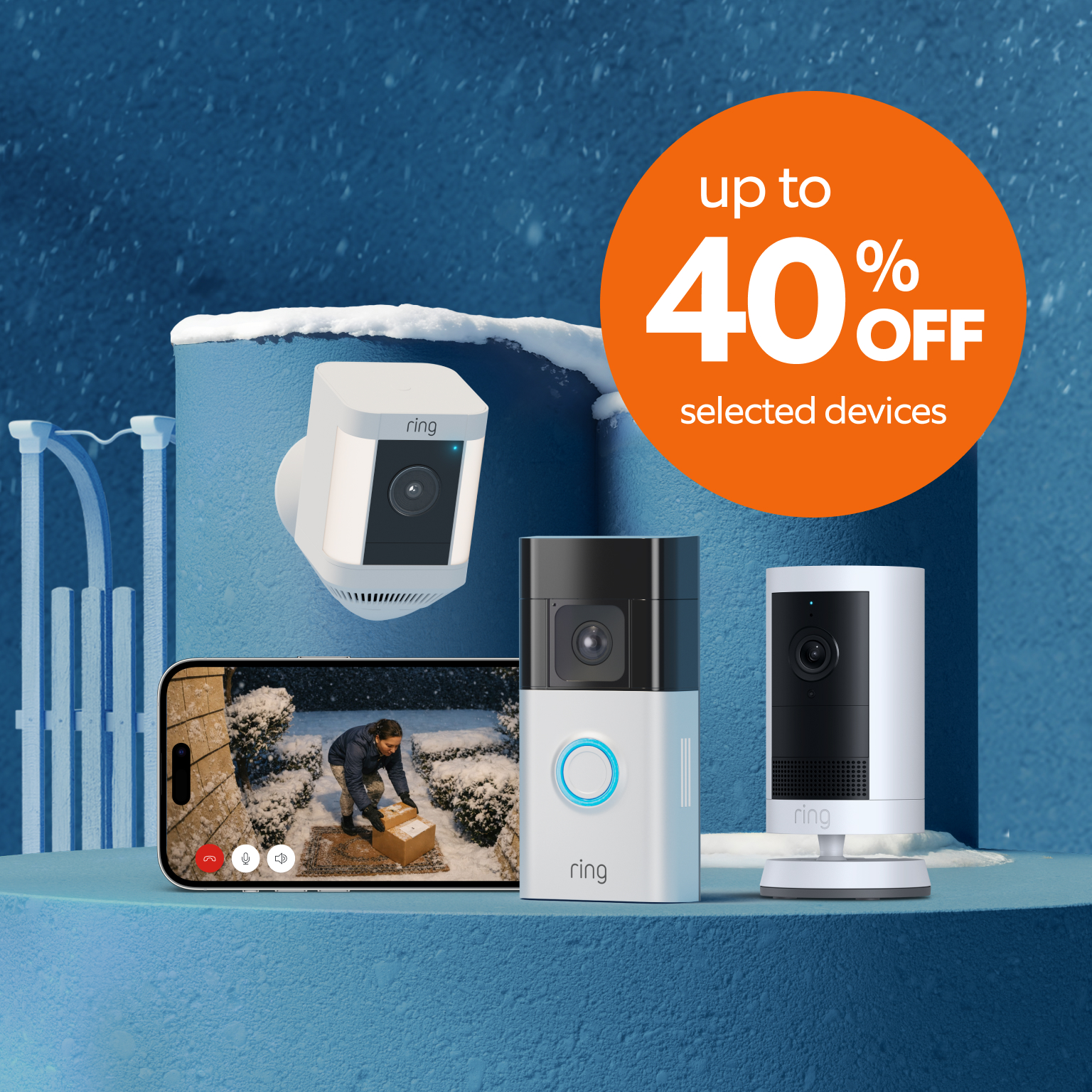 Blue wintery background with Ring Video Doorbell and Ring Indoor and Outdoor cameras. Text says up to 40% off selected devices.
