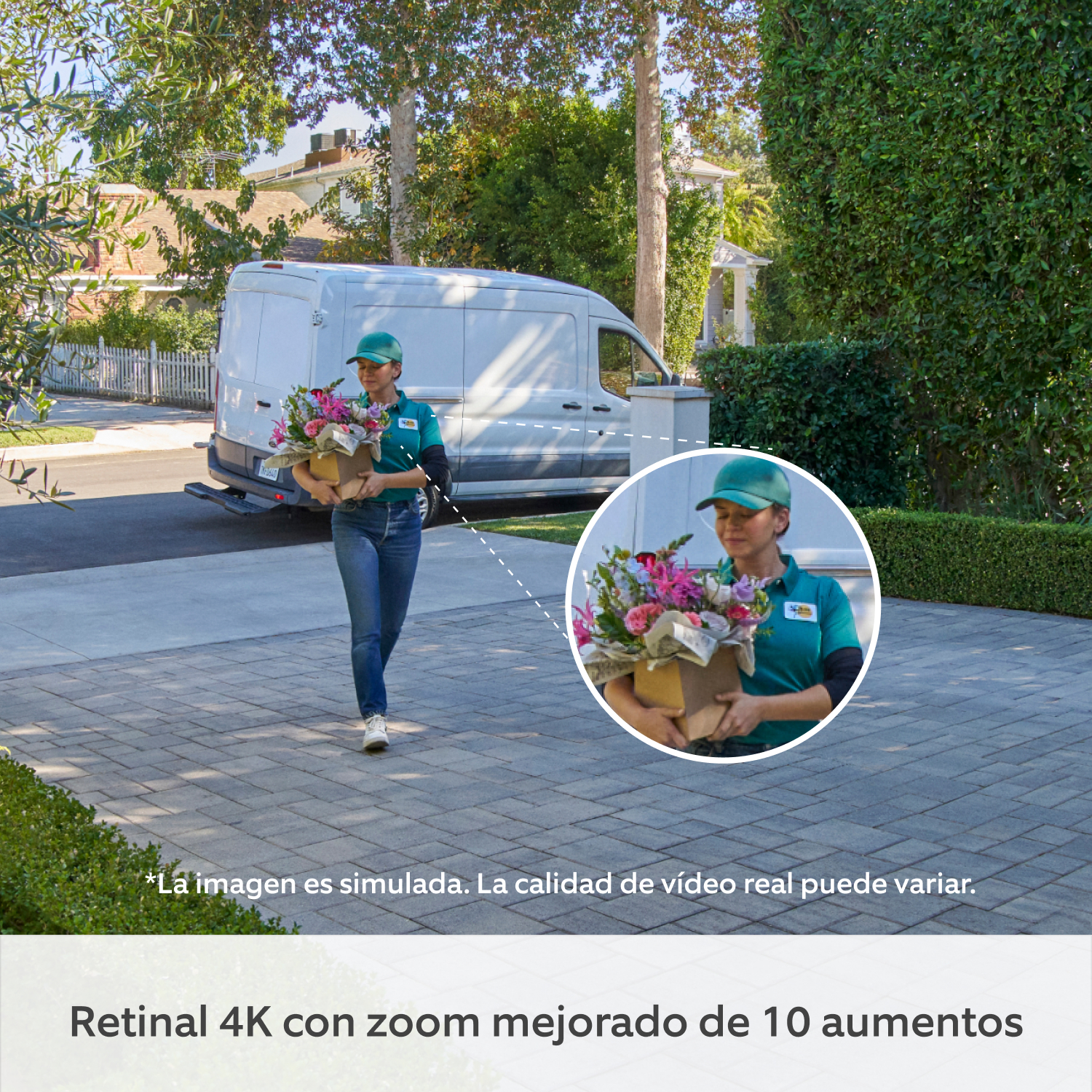 Videotimbre Pro con batería (última generación) (for Battery Video Doorbell Pro) - Repartidor entrando en la entrada con un ramo de flores; sección de la imagen ampliada en la parte superior del cuerpo