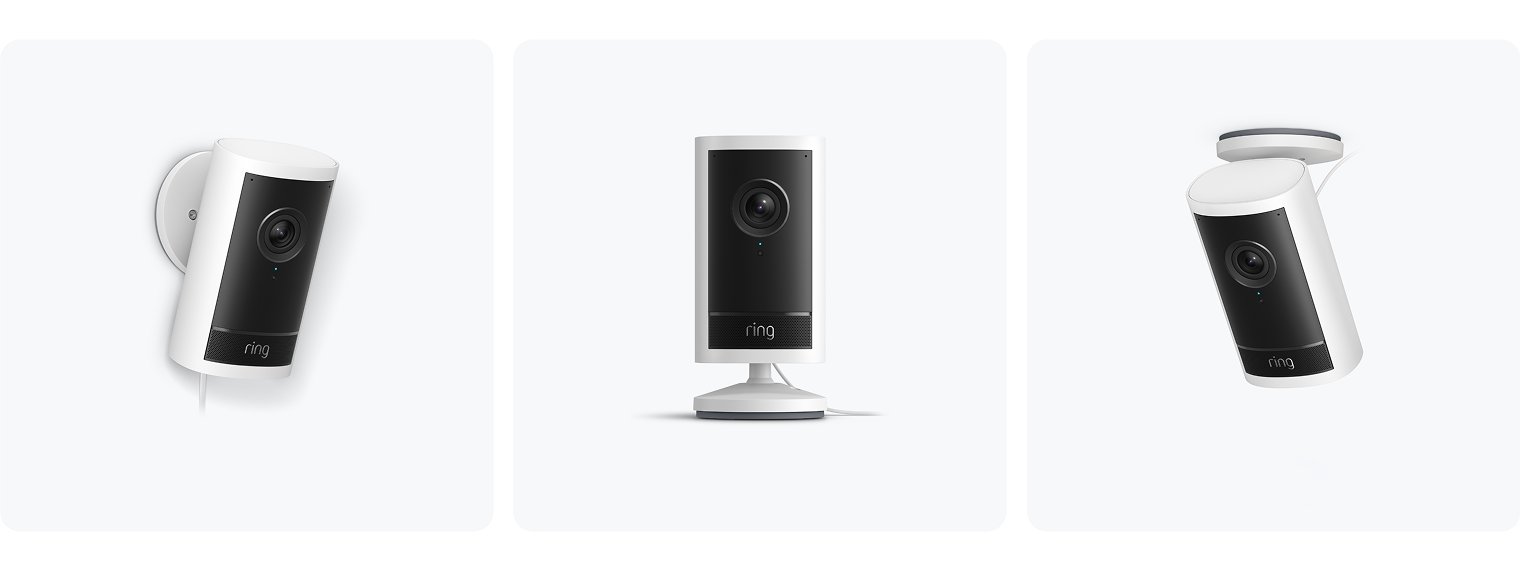 Three images of Outdoor Camera Pro, side by side against a white background. Each image is taken from a different angle.