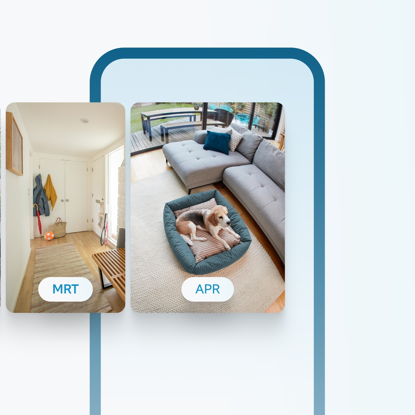 Beelden van gang en woonkamer met hond in bed, toont video-opnames per maand opgeslagen met Ring Home.