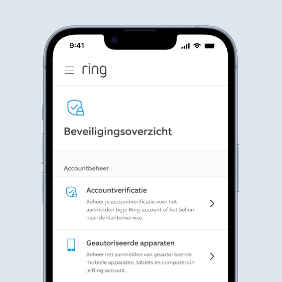 Ring app Controlecentrum-scherm met opties voor accountverificatie en beheer van geautoriseerde apparaten.