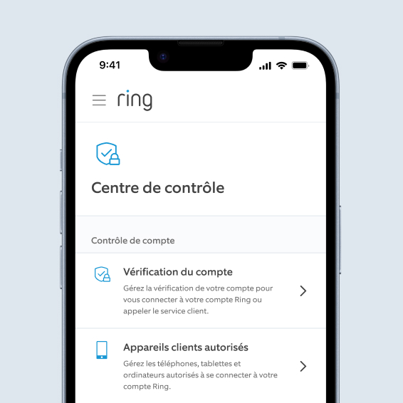 Smartphone affichant le Centre de contrôle Ring avec options de vérification du compte et appareils autorisés.