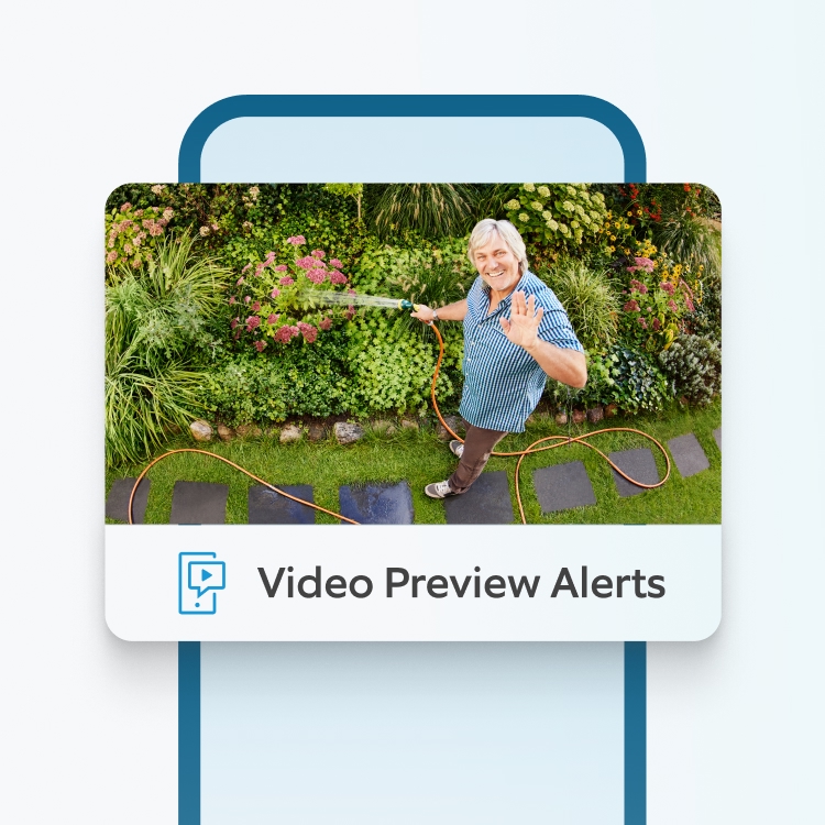 Man watering garden waves at camera, shown in Ring video alert preview as part of motion-triggered notification feature.