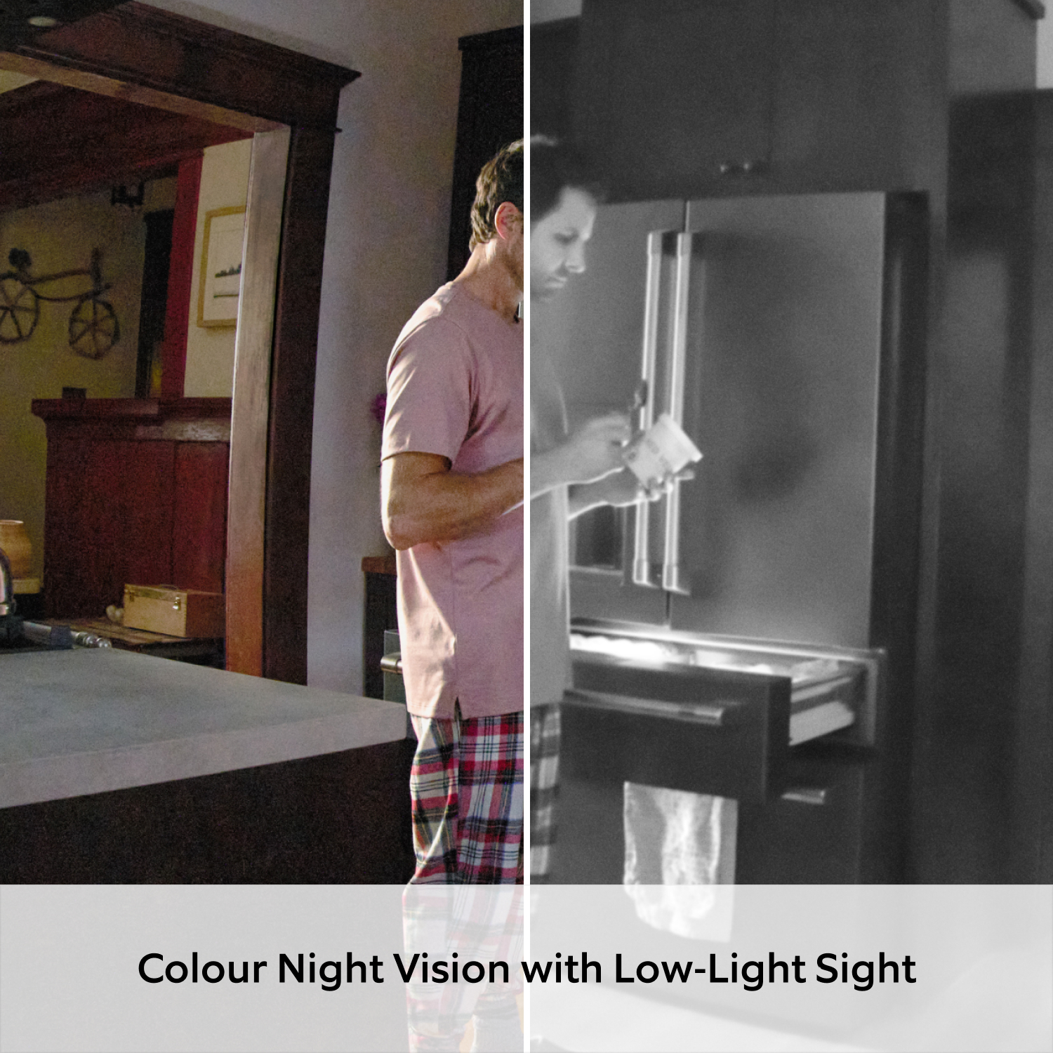 Indoor Camera Plus (for Featuring Retinal 2K) - Split image showing person standing in kitchen. Half of the image is dark and half is well-lit using Low-Light Sight 