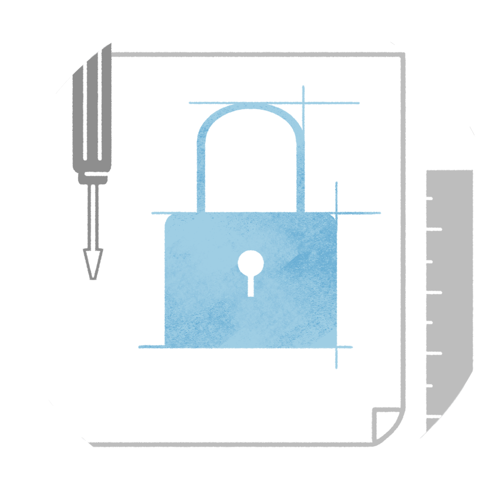 Padlock blueprint illustration with a ruler and pencil, symbolising privacy and security by design at Ring.