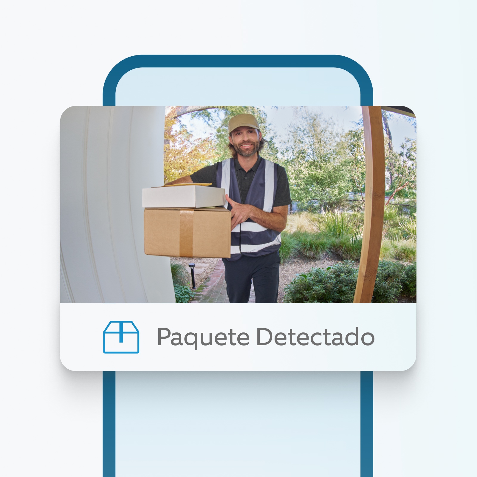 Repartidor con paquetes en la puerta, detectado por la función de alerta de paquetes de Ring Door View Cam.