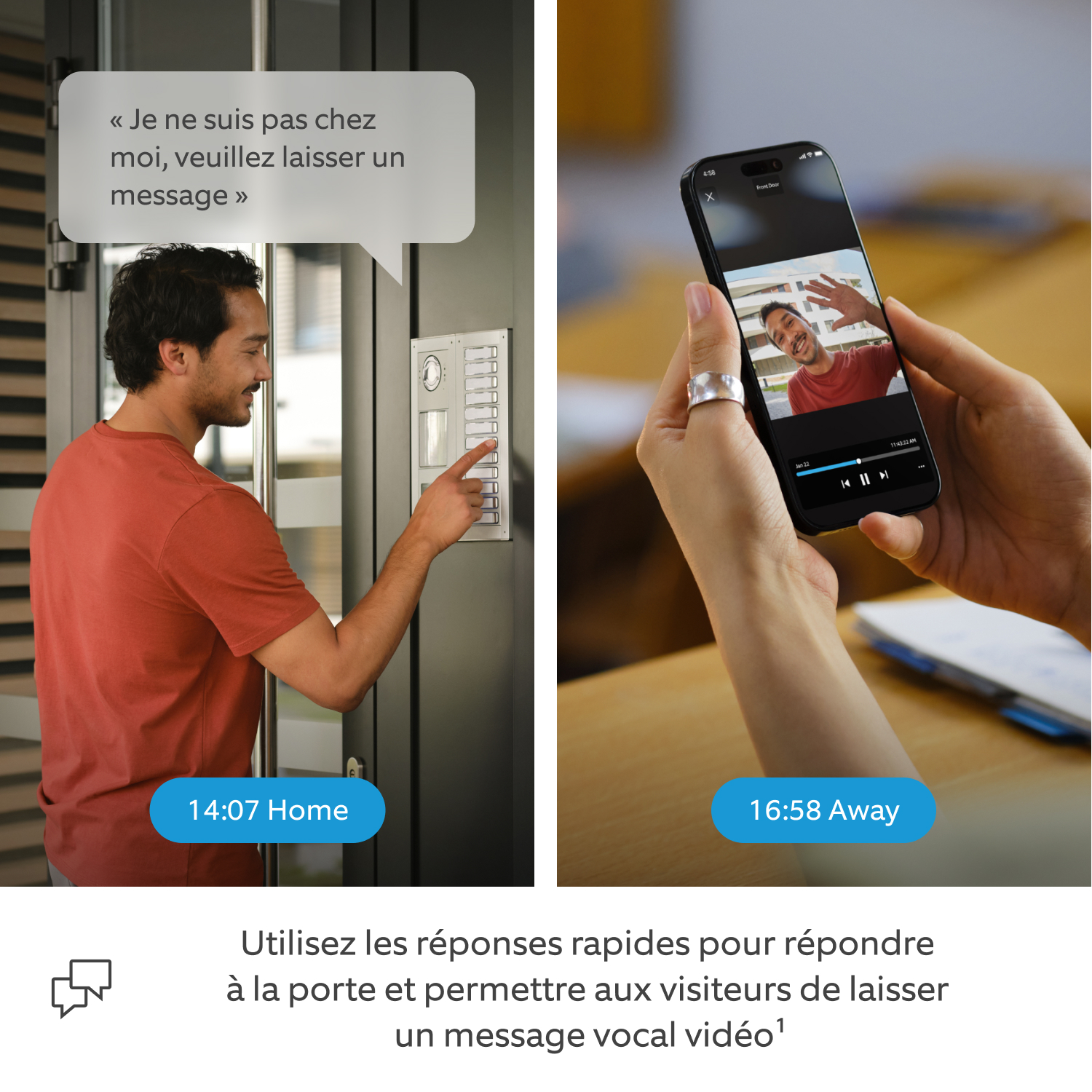 Ring Intercom Video + Caméra intérieure 2e gén.  - Écran partagé entre un joggeur qui sonne à l'interphone principal et entend un message préenregistré (réponse rapide), et une étudiante qui, plus tard dans la journée, visionne le message vocal vidéo laissé par le joggeur.