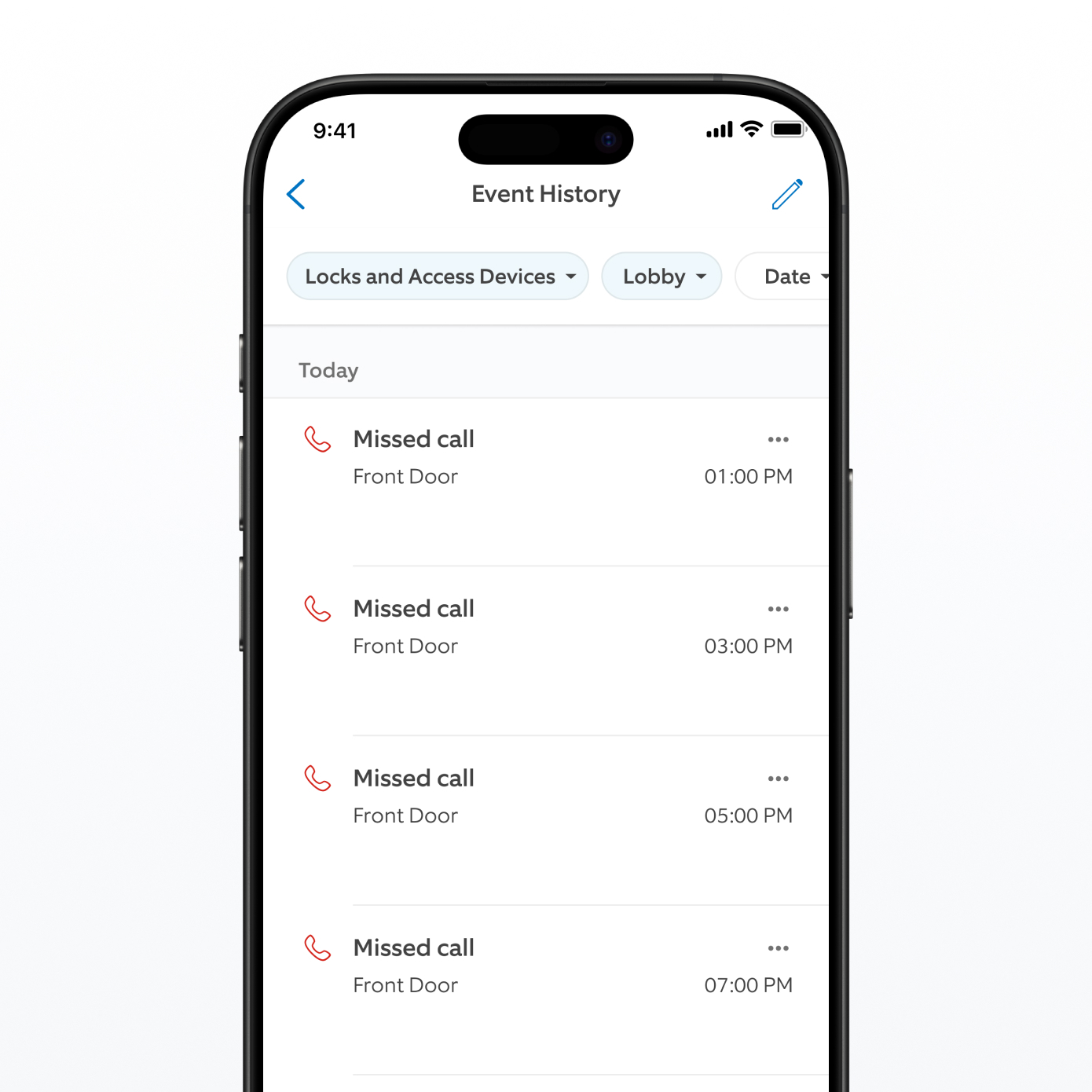 Een schermafbeelding van de Ring-app met de tijdlijn van gebeurtenissen.