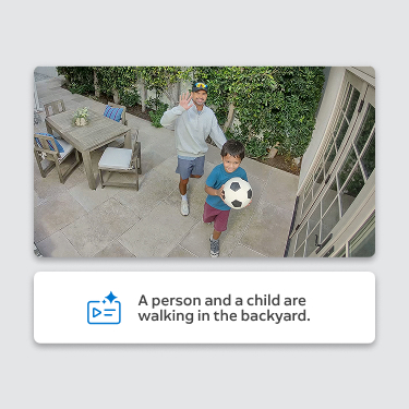 Ring Outdoor Camera 4K Plus live view on a smartphone showing a person and child walking in the garden with a descriptive summary