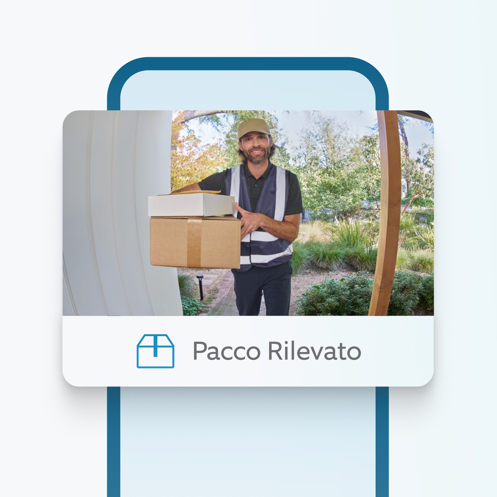 Corriere con pacchi alla porta, rilevato dalla funzione di avviso pacchi di Ring Door View Cam.