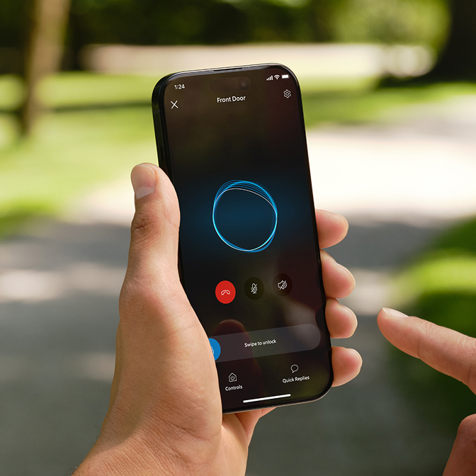 A delivery guy entering buzzing an intercom and a jogger unlocking the door via the Ring App.