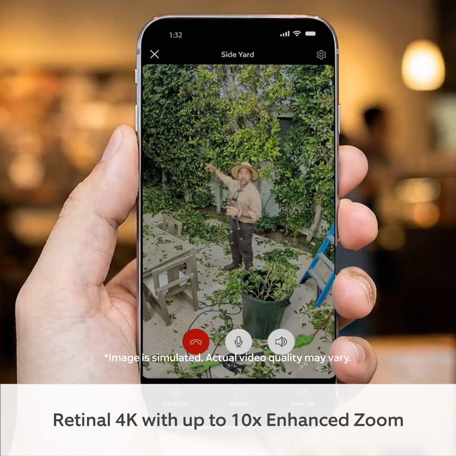 Outdoor Camera 4K Plus  - Smartphone showing Ring Outdoor Camera 4K Plus footage of person in garden, demonstrating Retinal 4K with 10x Enhanced Zoom