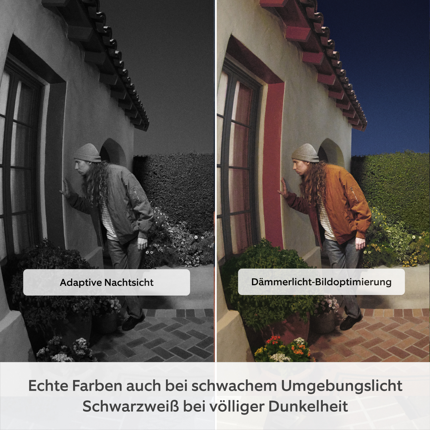Akku-Videotürklingel Pro (neuste Generation) (for Battery Video Doorbell Pro) - Geteiltes Bild, das den Unterschied in der Bildqualität mit und ohne Dämmerlicht-Bildoptimierung und adaptiver Nachtsicht zeigt