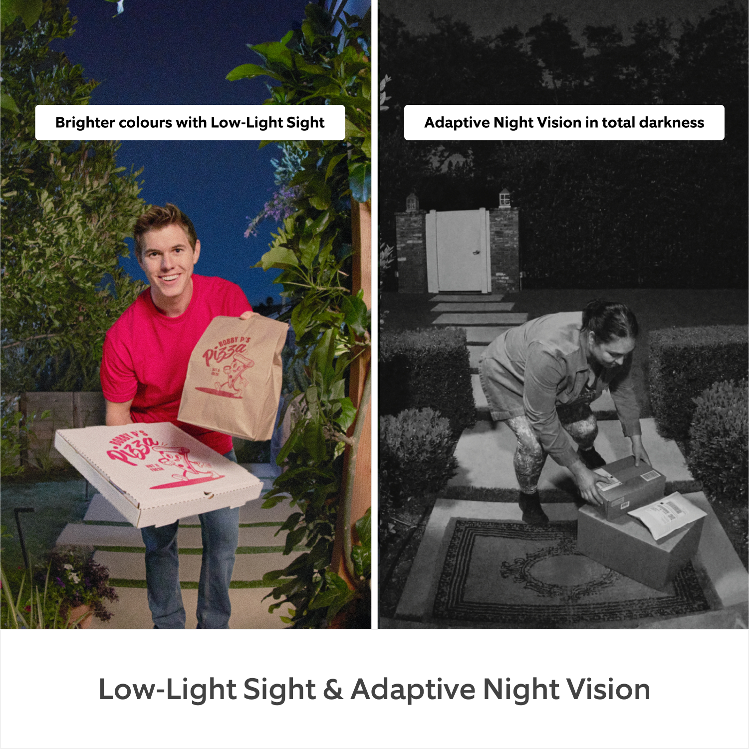 Wired Video Doorbell Pro (newest gen) with Plug-In adaptor (for Featuring Retinal 4K) - Two images showing well-lit pizza delivery man on path using Low-Light Sight and Courier on path in dark scene using Adaptive Night Vision
