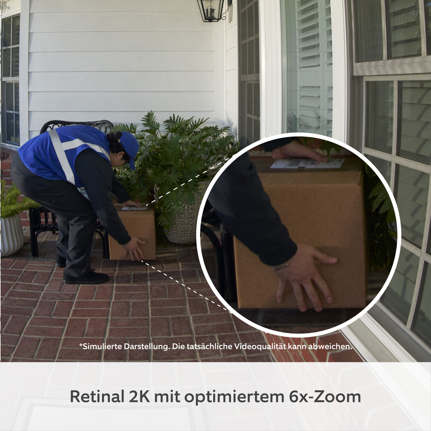 Akku-Videotürklingel Plus (neueste Generation) (for Battery Video Doorbell Plus) - Ein Zusteller legt ein Paket vor einer Tür ab, wobei der Bildbereich auf die Hände und das Paket vergrößert ist