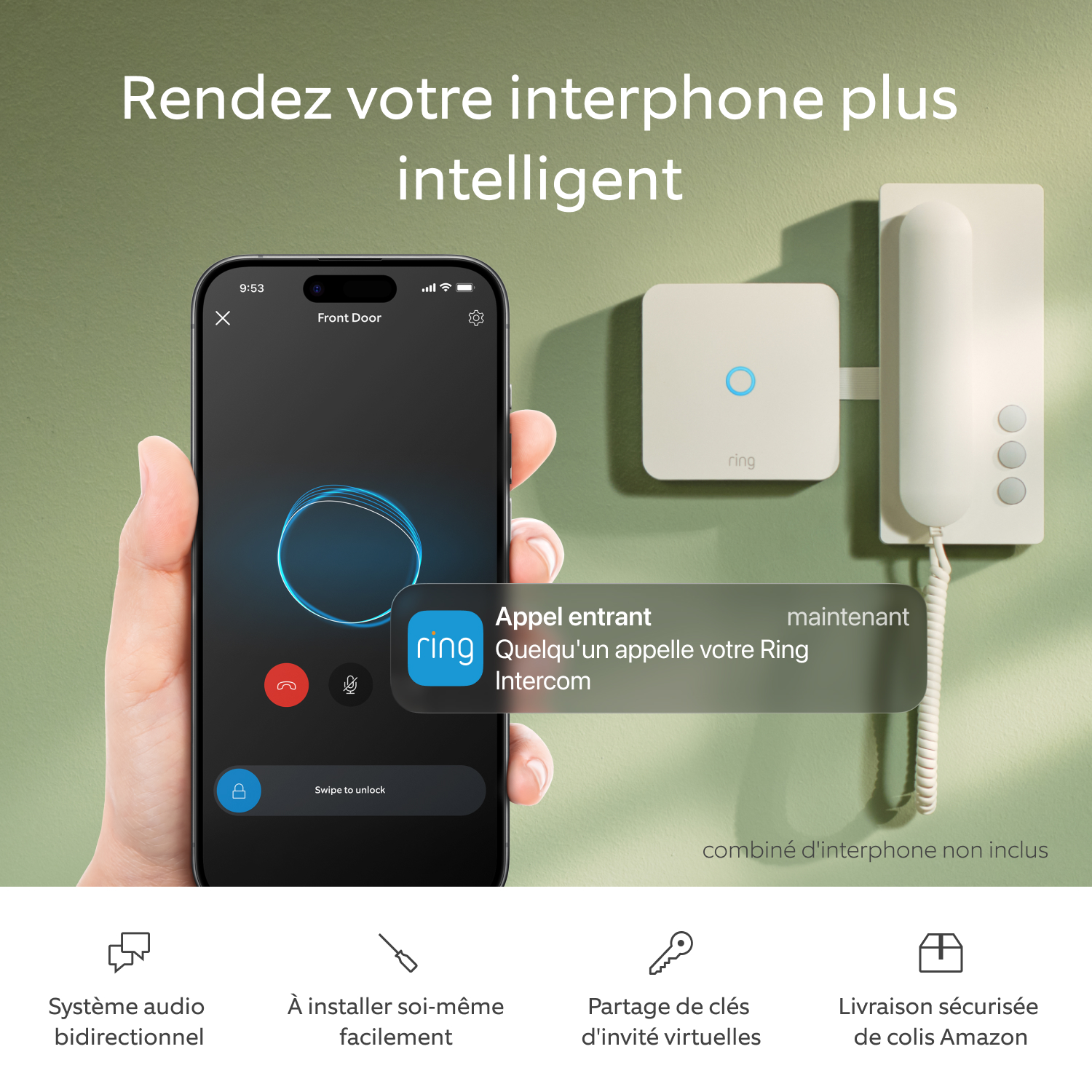 Ring Intercom Audio - Une main tient un smartphone affichant le flux audio dans l'application Ring. Ring Intercom Audio en arrière-plan