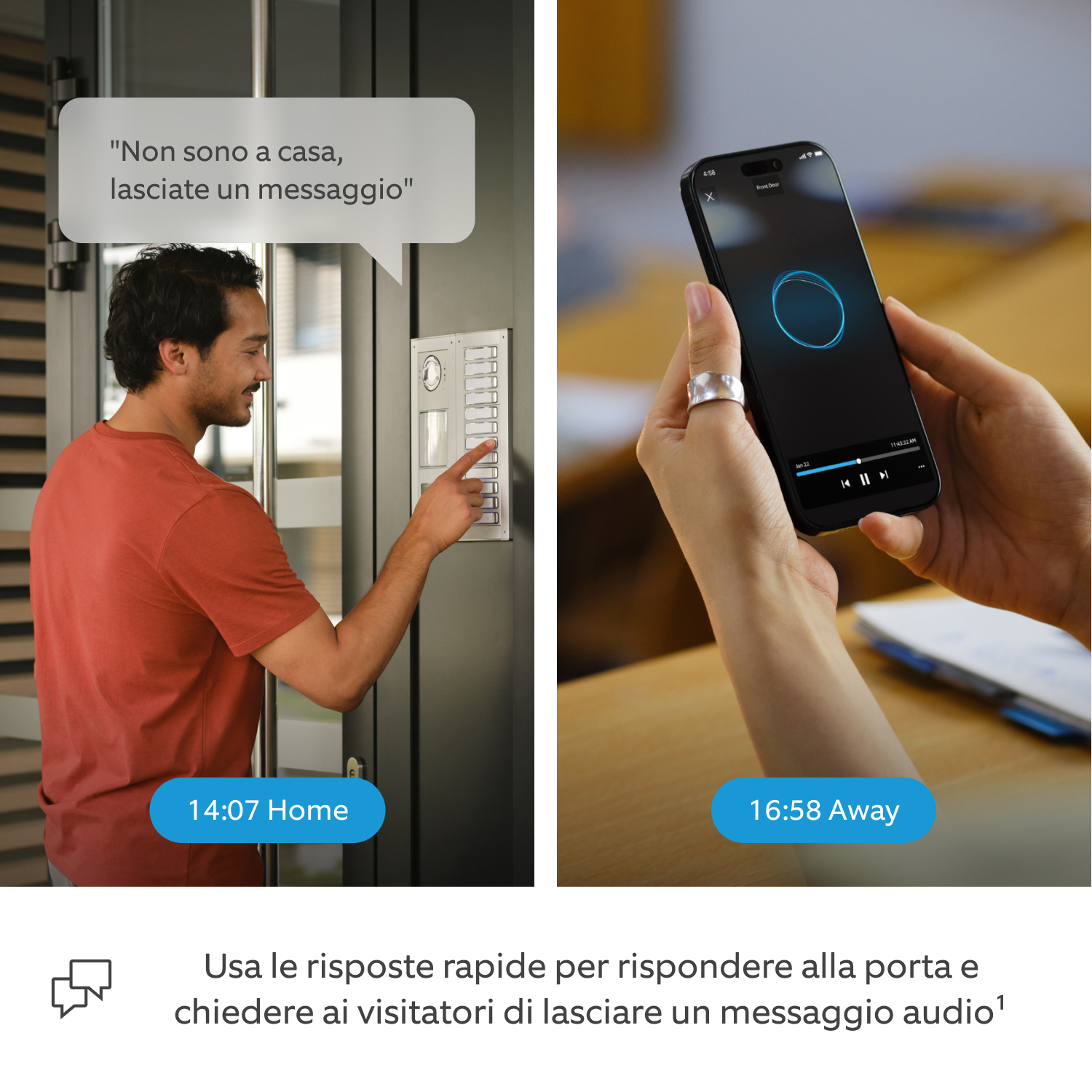 Ring Intercom Audio - Una schermata in cui vengono mostrati un jogger che suona al citofono principale e ascolta un messaggio preregistrato (Risposta rapida), e una studentessa che, in seguito, riascolta il messaggio audio lasciato dal jogger.