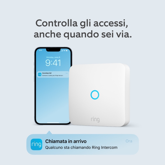 Ring Intercom e smartphone mostrano notifica di chiamata per controllare gli accessi da remoto con l'app.
