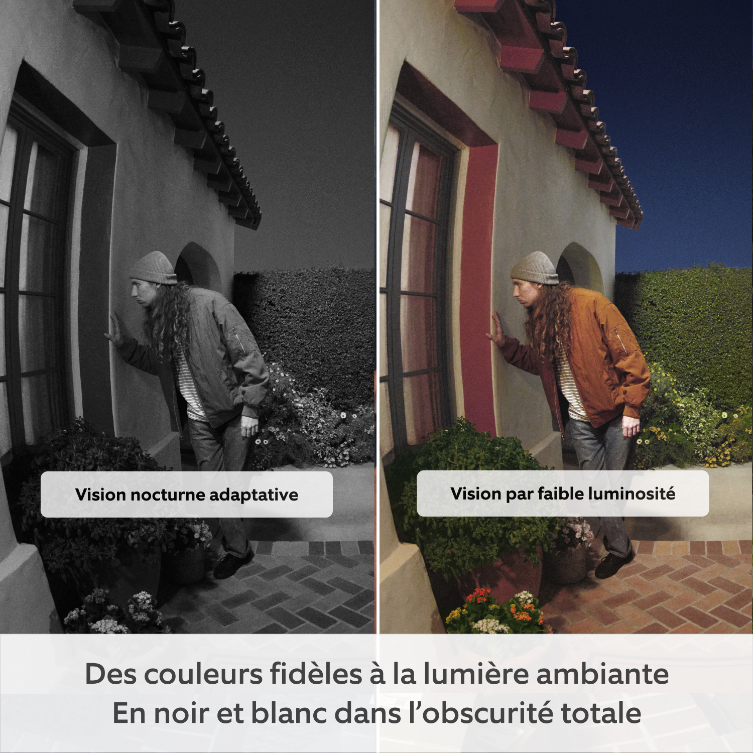 Sonnette vidéo Pro sans fil (nouvelle génération) (for Battery Video Doorbell Pro) - Image en écran partagé affichant la différence de qualité d’image avec et sans la vision par faible luminosité et la vision nocturne adaptative