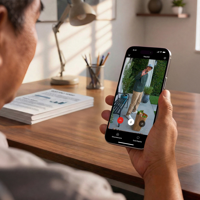 Nahaufnahme von jemandem, der ein Smartphone hält, auf dem Aufnahmen einer Person zu sehen sind, die Lebensmittel geliefert hat.