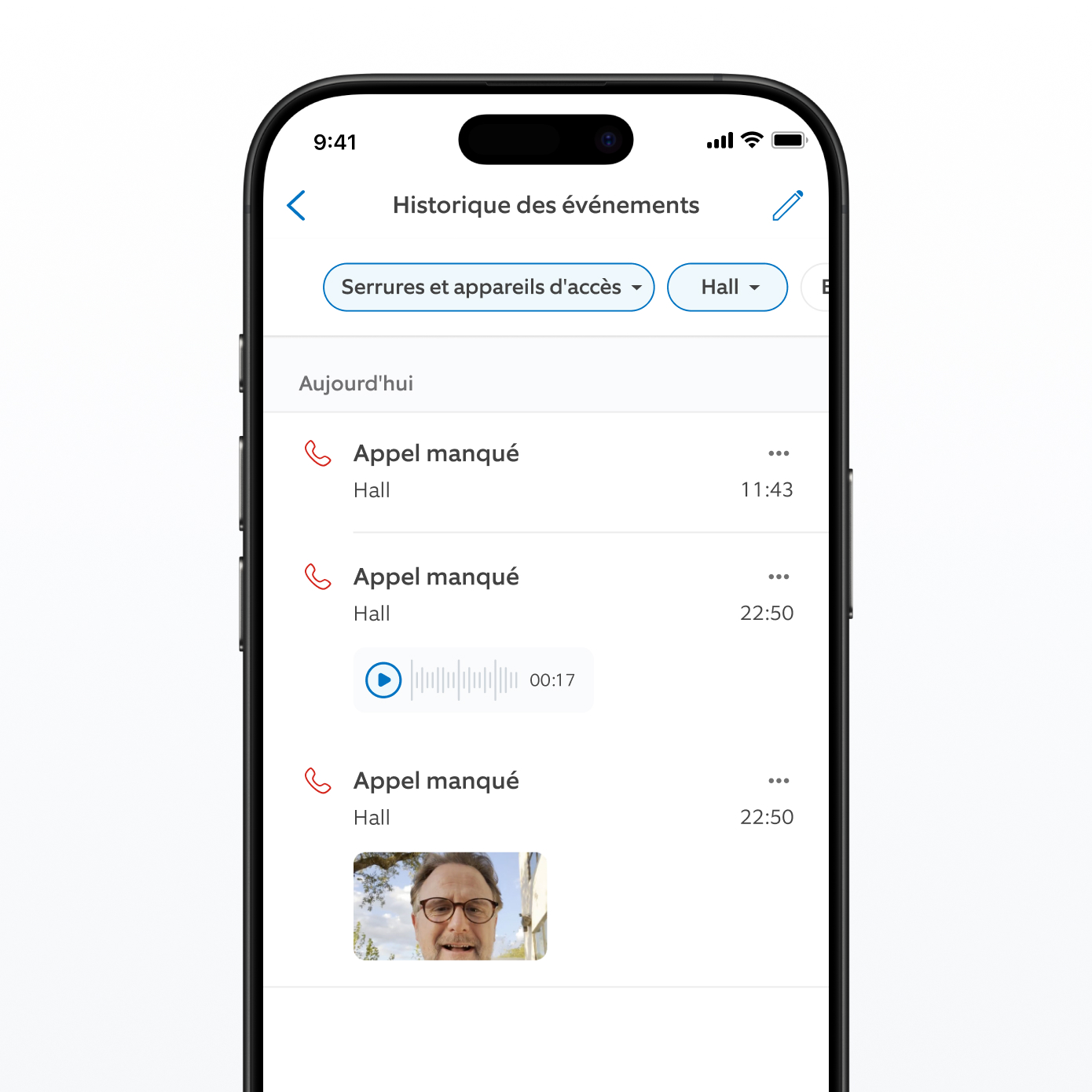 Capture d'écran de l'application Ring affichant la chronologie des événements.