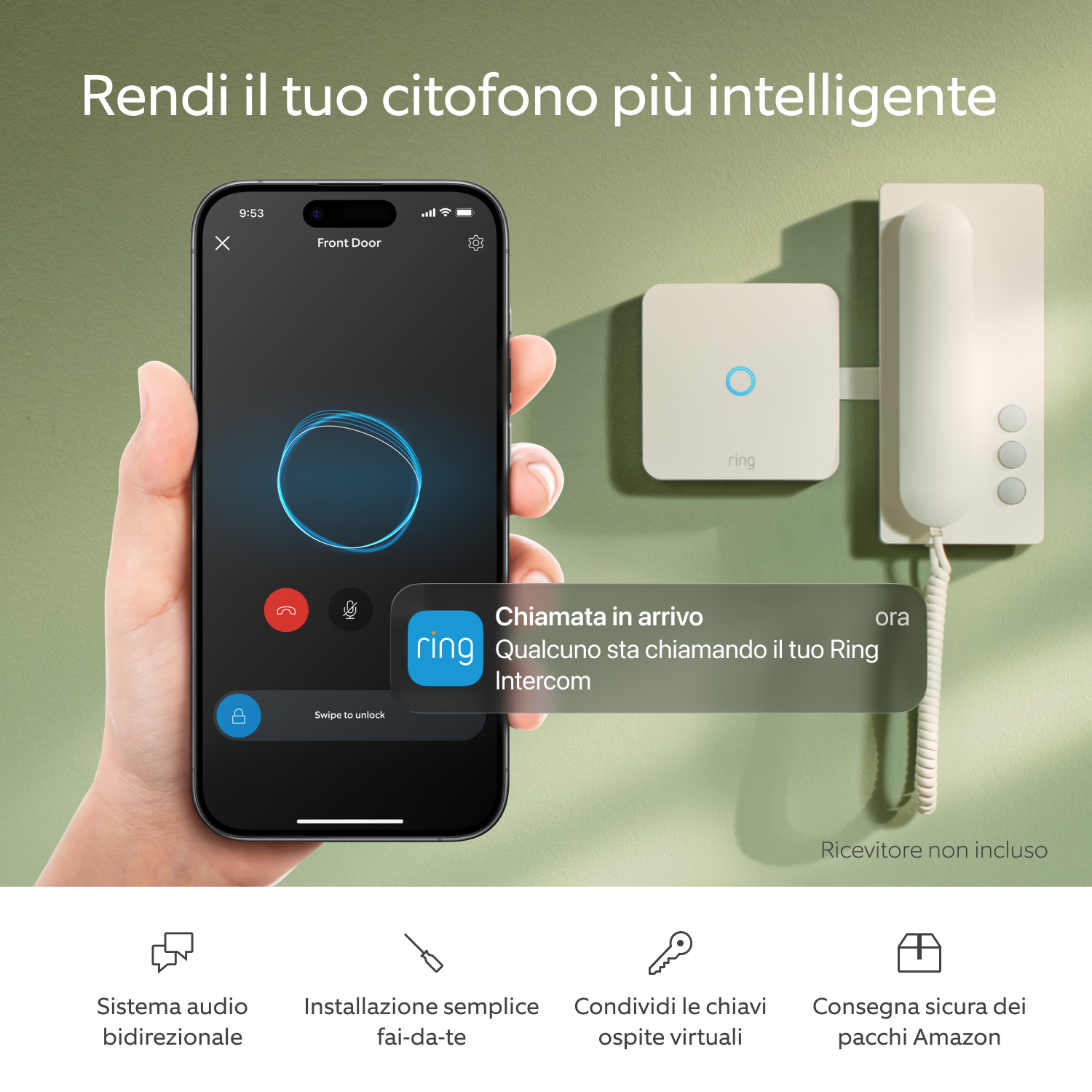 Ring Intercom Audio + Indoor Camera 2ª gen.  - Una mano tiene uno smartphone con l'app Ring sul feed audio. Sullo sfondo, Ring Intercom Audio